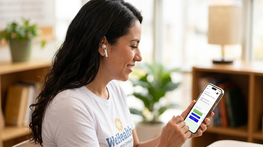 Woman speaking with a patient over the WeHealth mobile app